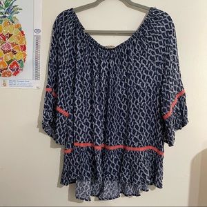 Democracy Navy Patterned Peasant Blouse with Coral Trim Size 1X